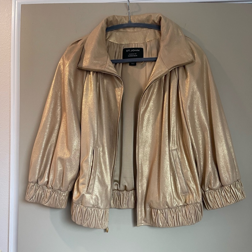 St. John 100% Lambs Leather and Silk Gold Bomber Jacket Women's M Like New - Picture 3 of 9